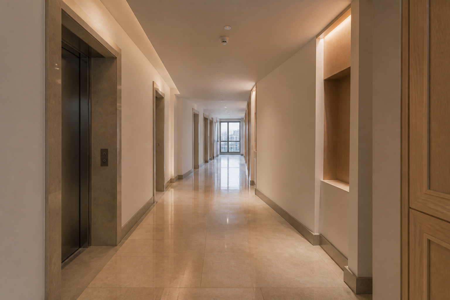 Gypsum partitions, plastered ceiling, and large-format tiling in an interior fit-out