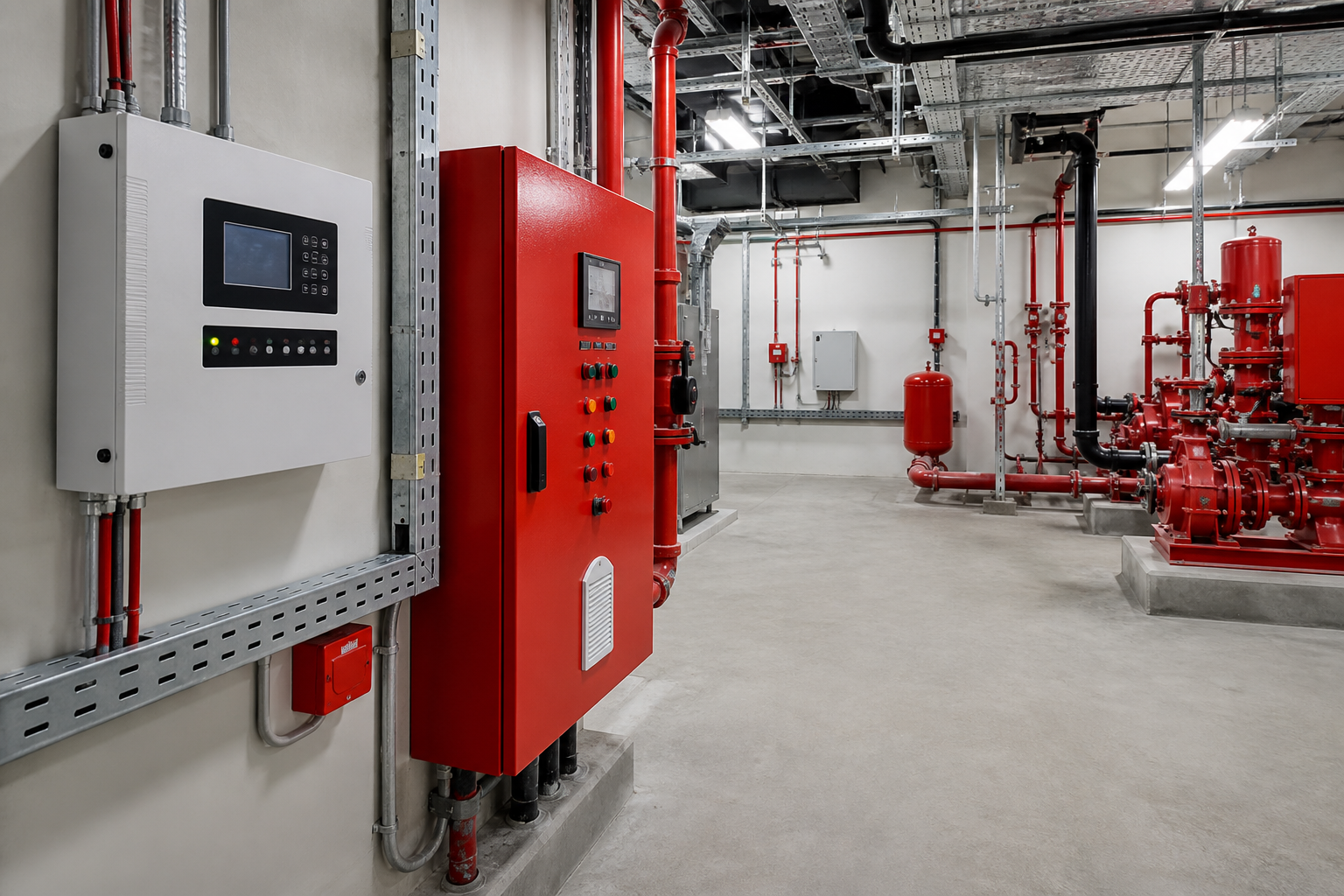 Addressable fire alarm control panel and fire-pump controls in a plant room
