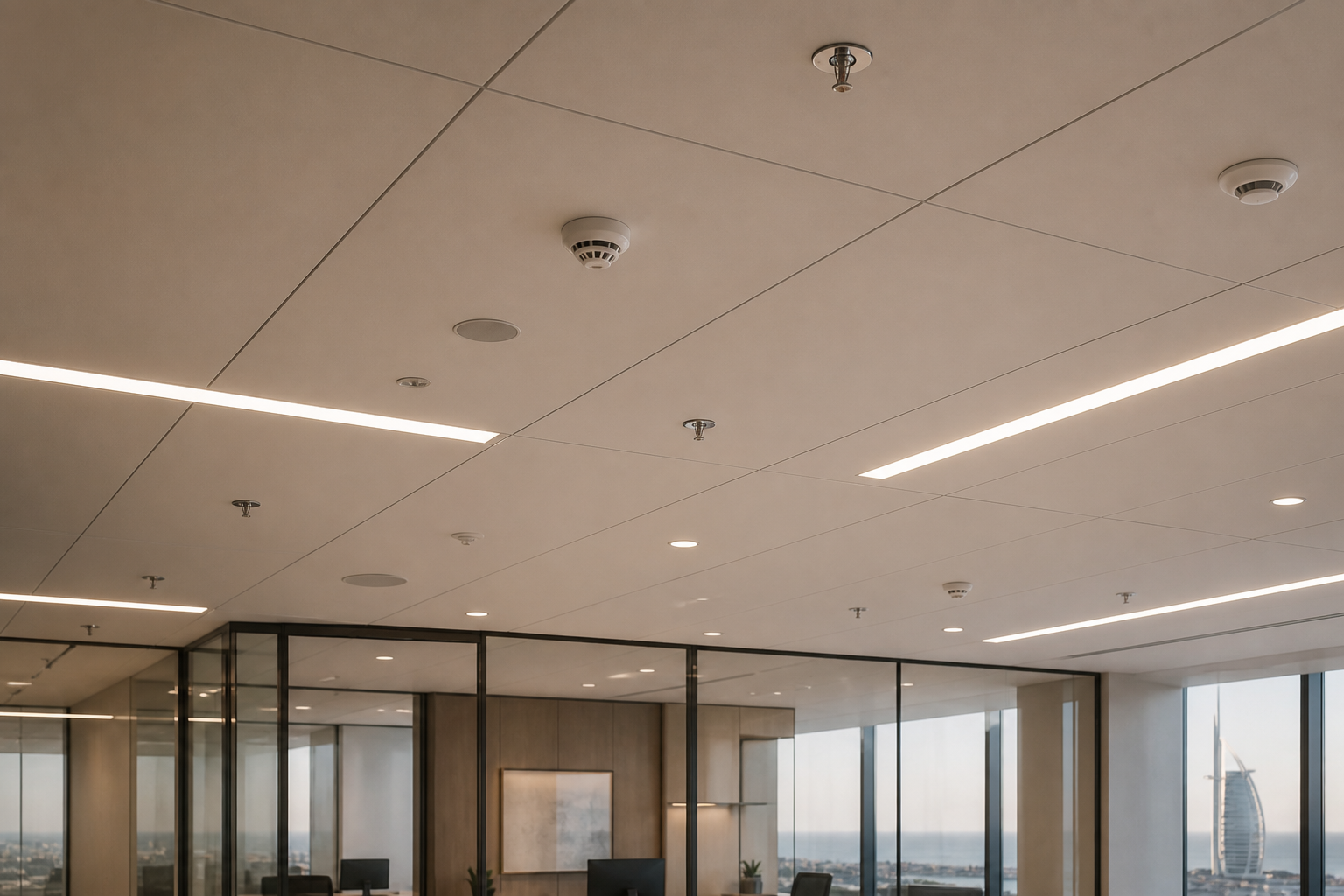 Sprinklers and smoke detection coordinated into a commercial ceiling
