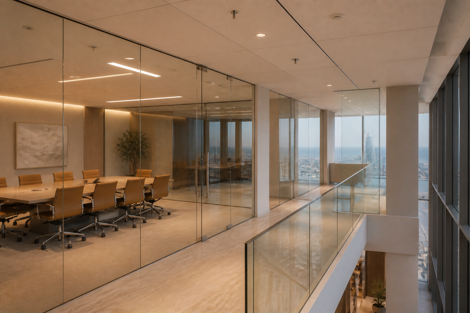 Frameless glass partitions and a glass door in a corporate workplace fit-out