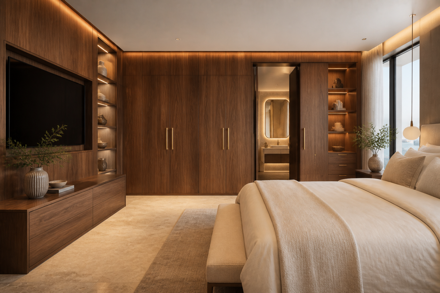 Floor-to-ceiling walnut wardrobe millwork with veneer grain and integrated lighting