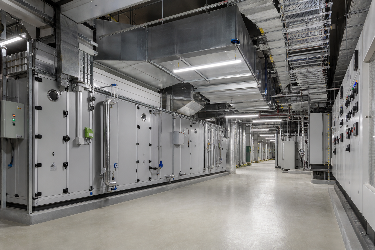 Air-handling unit, ductwork, cable trays, and electrical boards in a commercial plant room