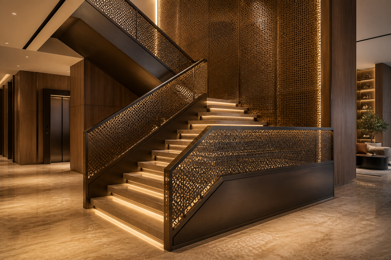 Stainless-steel staircase railing and decorative metal screen cladding in a hotel lobby