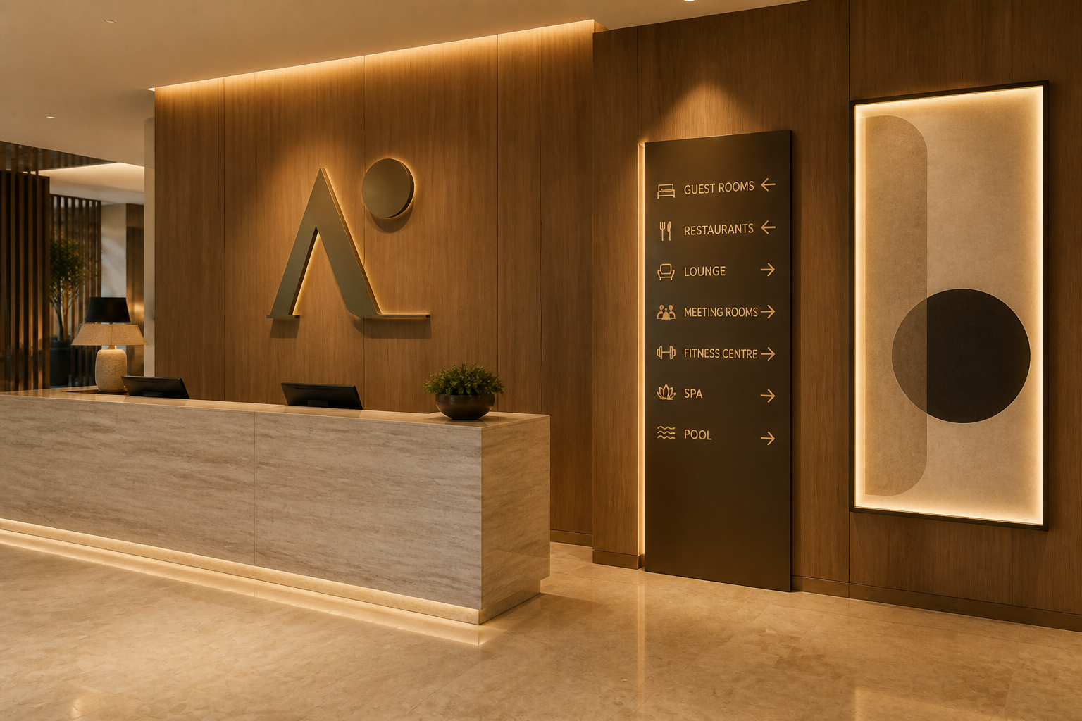 3D letter signage, an illuminated light box, and a wayfinding directory in a hotel lobby