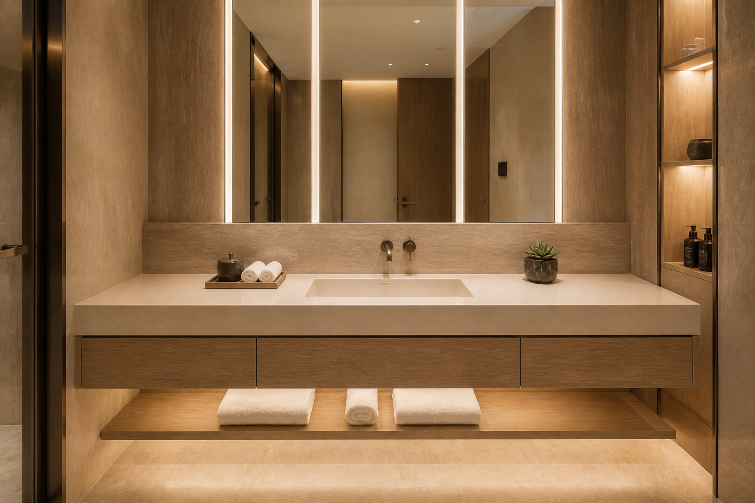Seamless solid-surface vanity with an integrated basin in a hotel bathroom