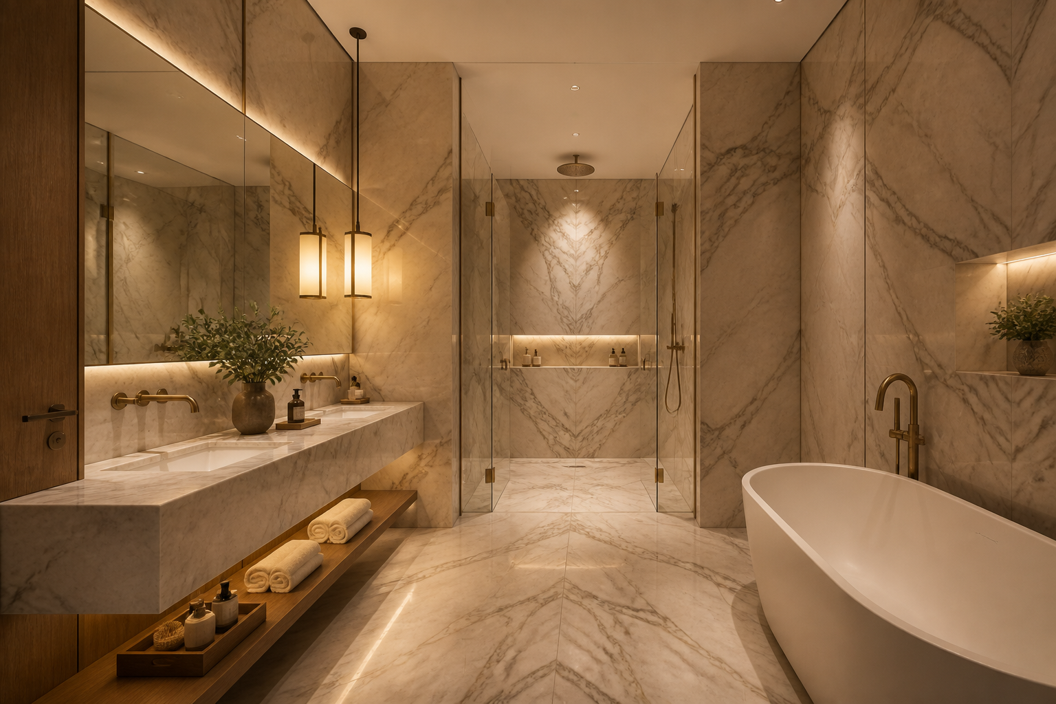 Book-matched marble wall cladding, wet-area floor, and stone vanity in a hotel bathroom