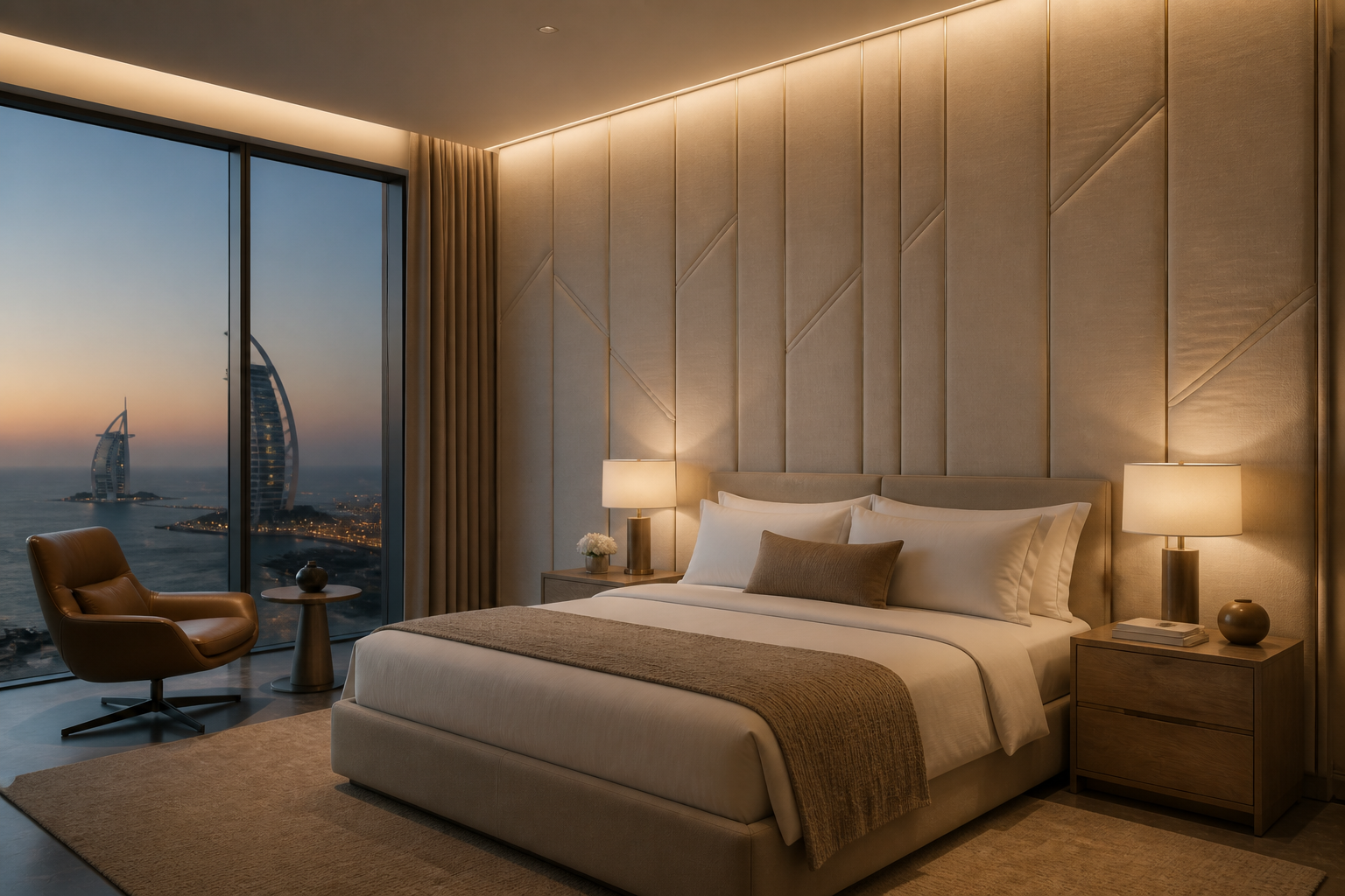 Tailored wall-upholstered hotel headboard and custom leather lounge seating